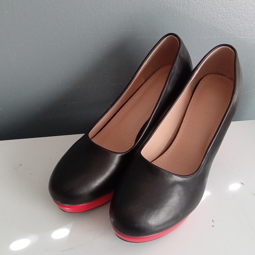 Black and Red Platform Block Heel Pumps Round Toe Two Tone Dress Shoes - Picture 6 of 8